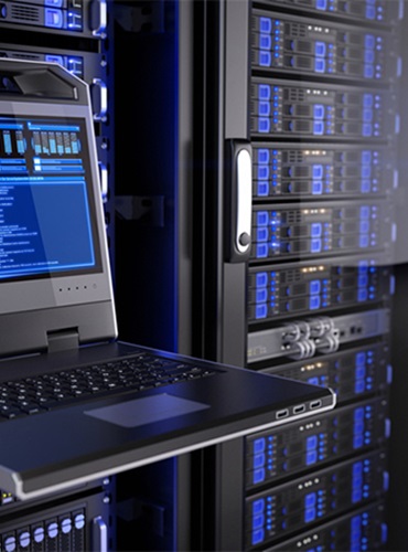 a laptop on a shelf in a server room, hosting, web hosting